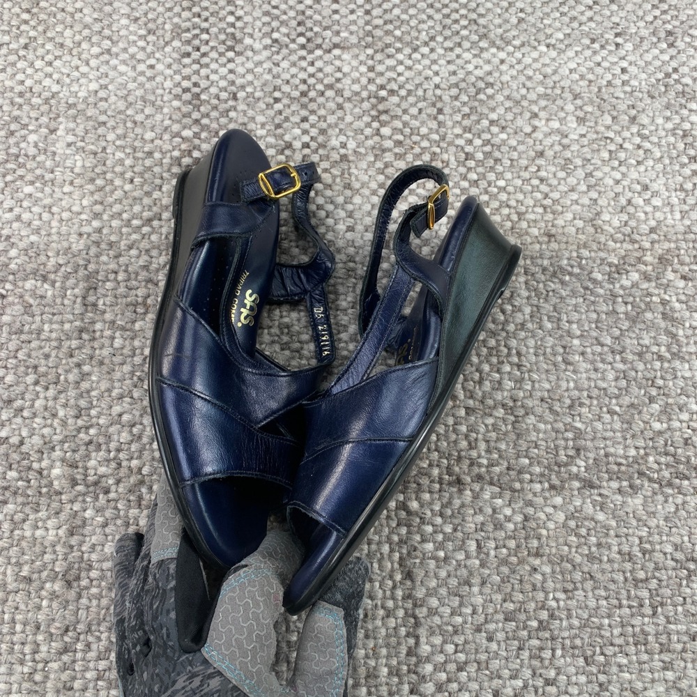 SAS Wedge Sandals Womens 7.5M Navy Blue Leather Slingback Comfort D5 219116